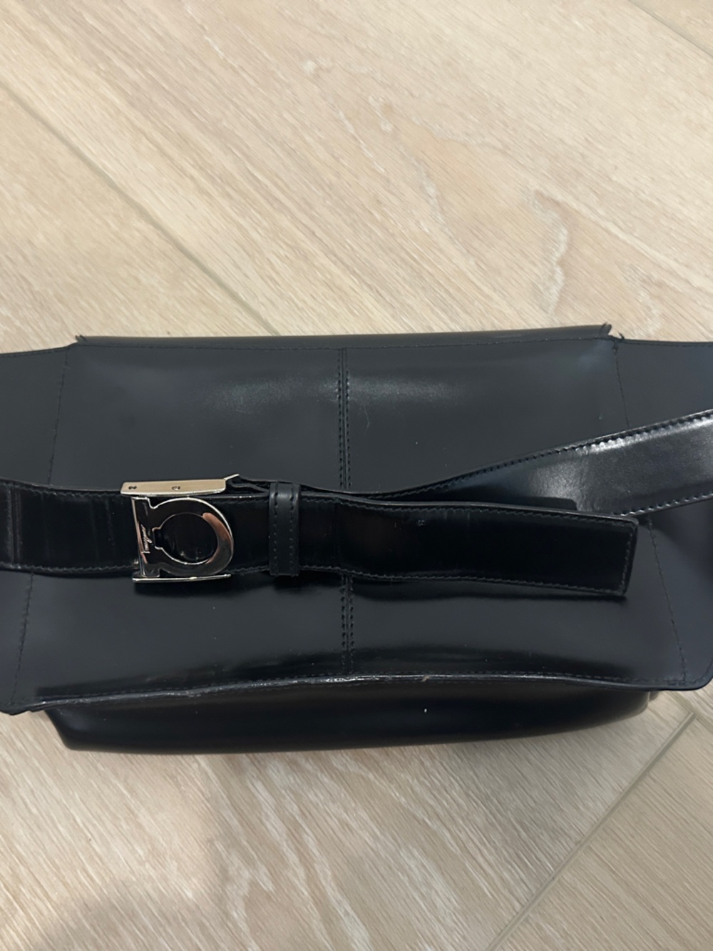 Salvatore Ferragamo Black Leather Crossbody Belt Bag with Gold Buckle